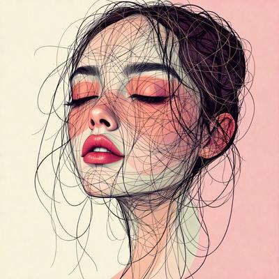 The primary subject of the image is a woman with long hair, who is looking upward. She has a pink lipstick on her lips, and her hair is styled in a ponytail. The setting is a pink background, which adds a warm and vibrant atmosphere to the scene. The visual style of the image is a combination of digital art and illustration, creating a unique and artistic representation of the woman. The colors and mood of the image are predominantly pink, which adds a sense of femininity and warmth to the scene.